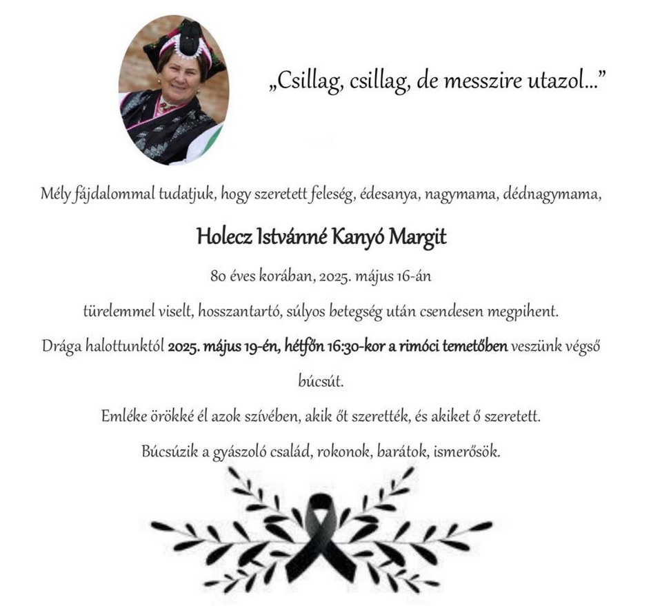 Elhunyt Holecz Istvánné Kanyó Margit